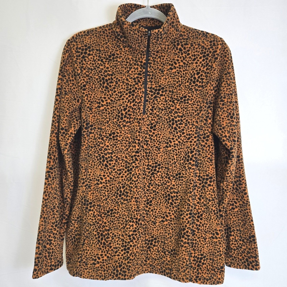 Lands End Leopard Print Quarter Zip‎ Fleece Pullover,  Brown Black, Medium 10-12